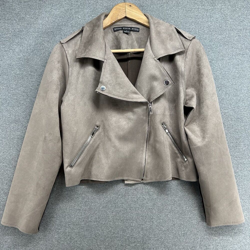 HYFVE Faux Suede Biker Moto Jacket Womens Large Brown Raw Seams Soft Cropped